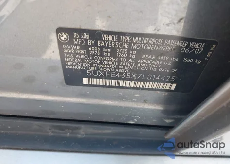 2007 BMW X5 3.0Si from USA, damaged, VIN 5UXFE435X7L014425
